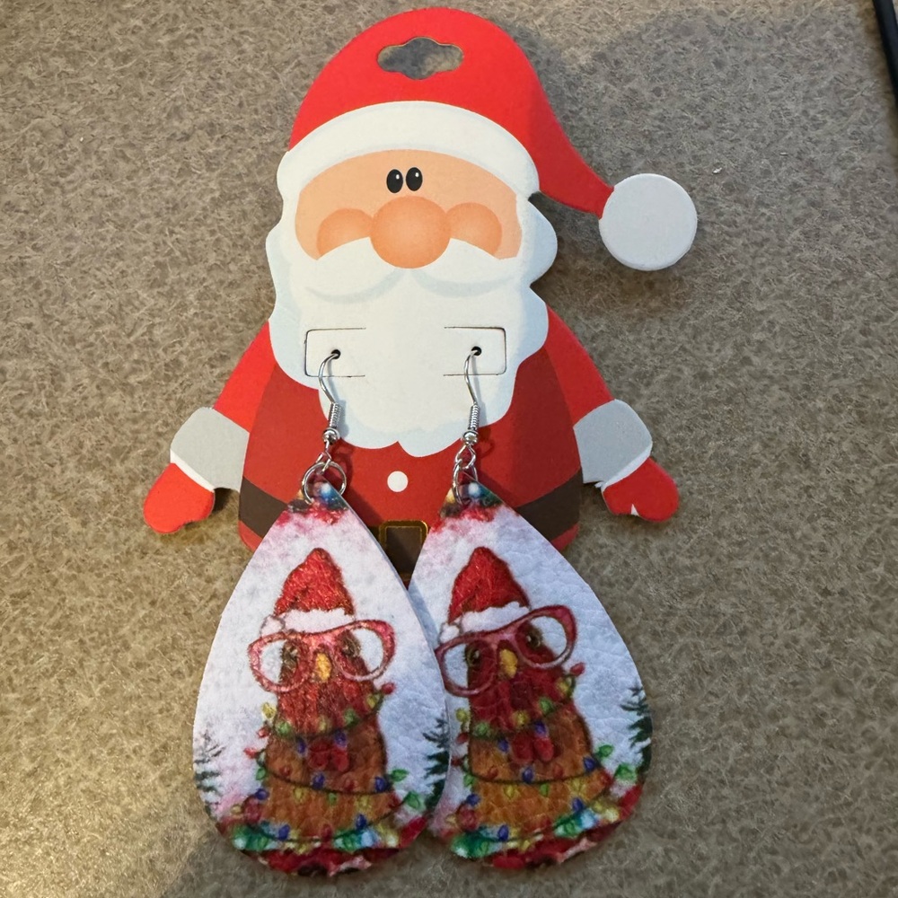 Christmas Chicken Double Sided PU Leather Teardrop Dangle Earrings - New Funny